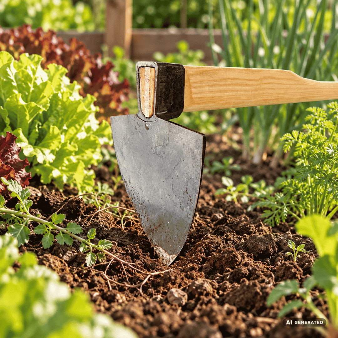 SHW Münchener Hacke Gr. 0 mit kantigem Haus und Eschenstiel 135 cm im Gartenbeet – Moodbild zum Jäten, Lockern der oberen Erdschicht und Lösen von oberflächlichem Wurzelwerk. Hero