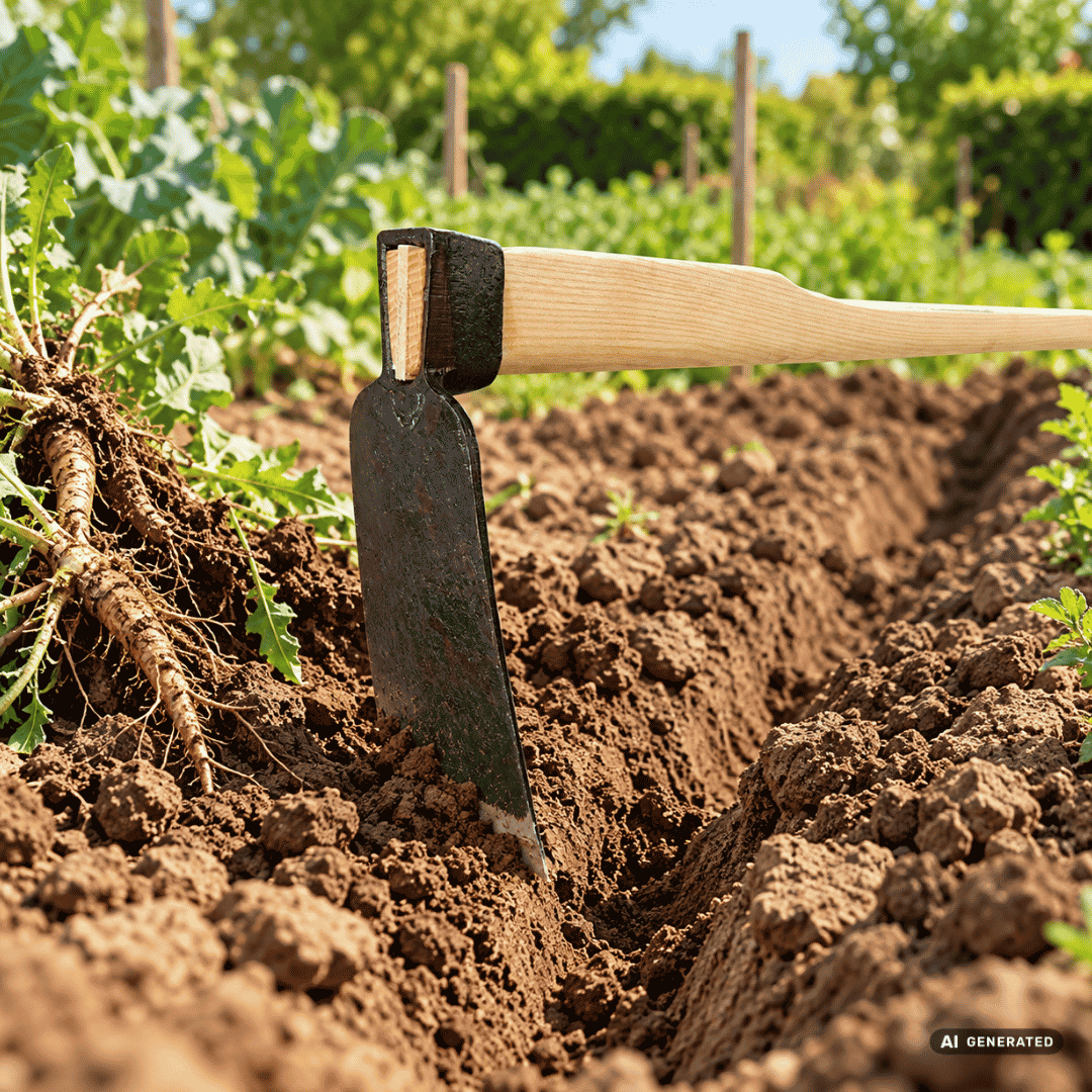 SHW Rheinische Hacke Gr. 1 mit Einschnitt und Eschenstiel 135 cm im Gartenbeet – Moodbild zum Aufreißen harter, lehmiger Böden, Ausheben von Pflanzrinnen und Entfernen von Wurzelunkräutern. Hero