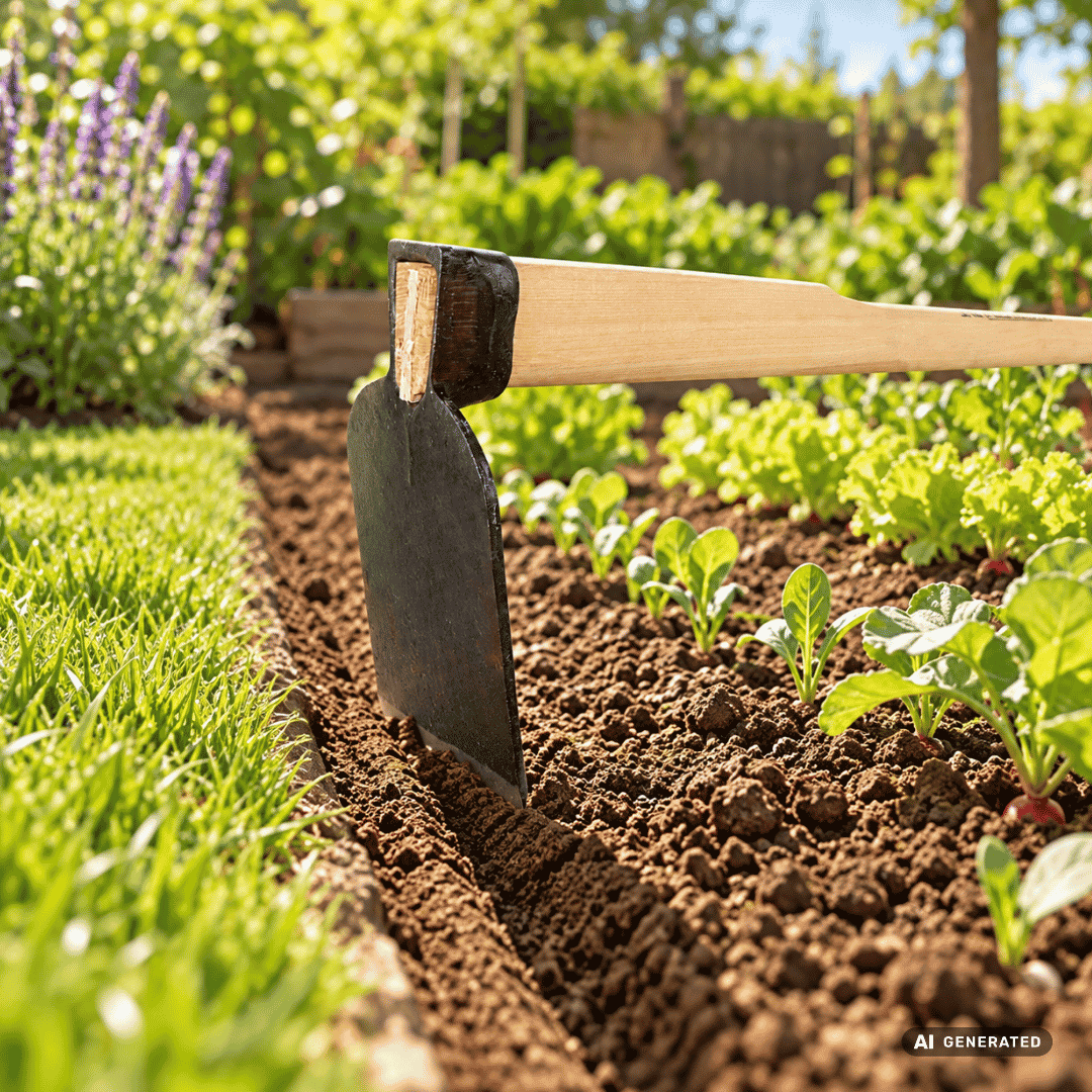 SHW Kleinhacke gerade mit Eschenstiel 135 cm im Gartenbeet – Moodbild zum Ziehen von Saatrillen, Nacharbeiten an Rasenkanten und Jäten schmaler Beete und Zwischenräume. Hero
