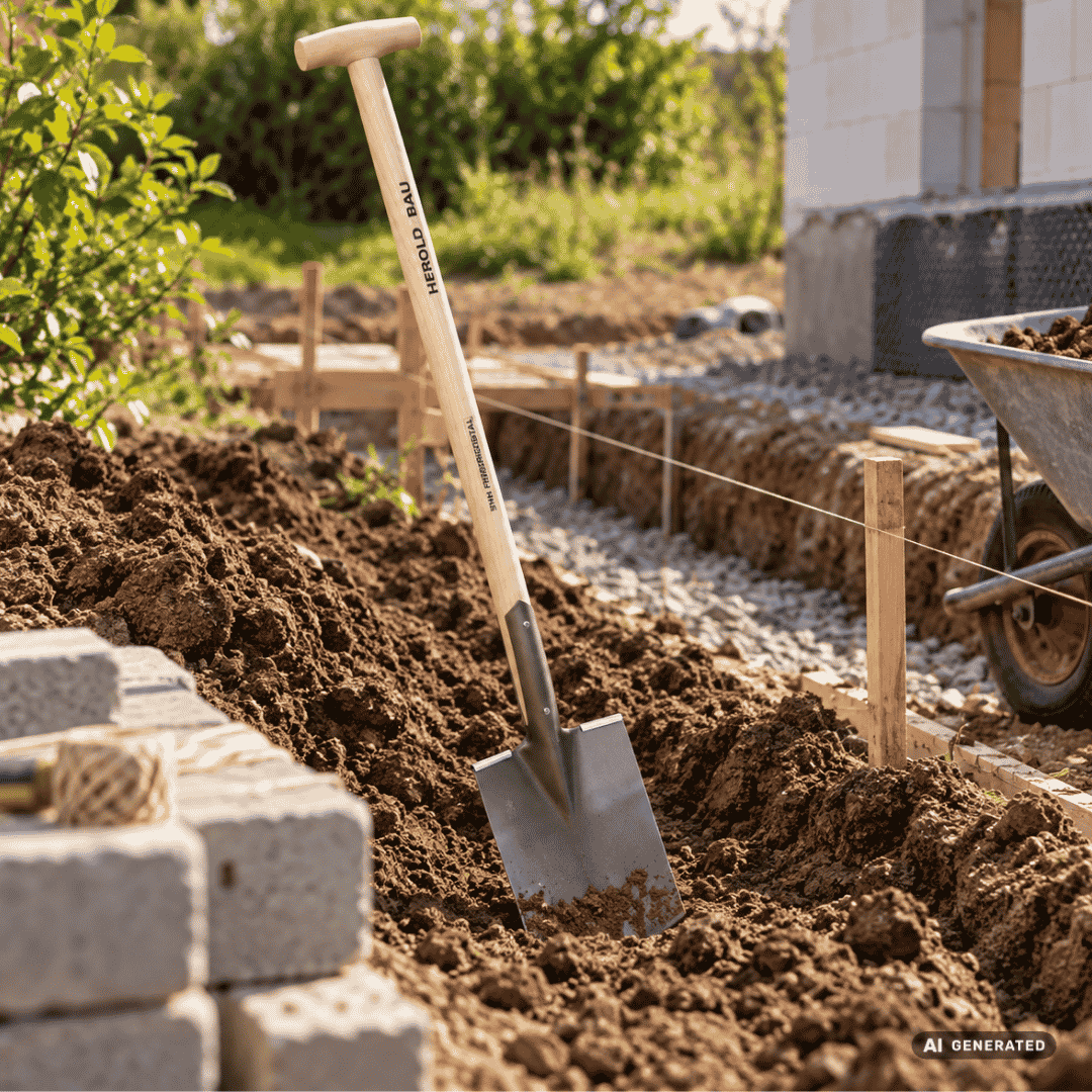 SHW Herold-Bauspaten gesandstrahlt mit Spatentritt und Eschenstiel auf der Baustelle – Moodbild zum Ausheben fester und verdichteter Böden sowie zum Vorbereiten von Gräben und Fundamenten. hero