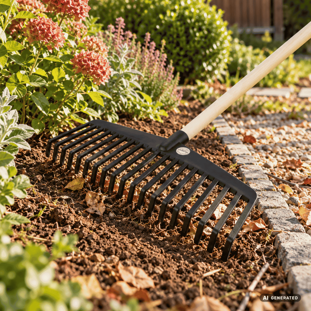 SHW Nylonbesen schwarz, 21 Zinken mit Stiel 140 cm im Gartenbeet – Moodbild zum Zusammenrechen von Laub und Gartenabfällen sowie zur Pflege von Beeten und Rabatten. Hero