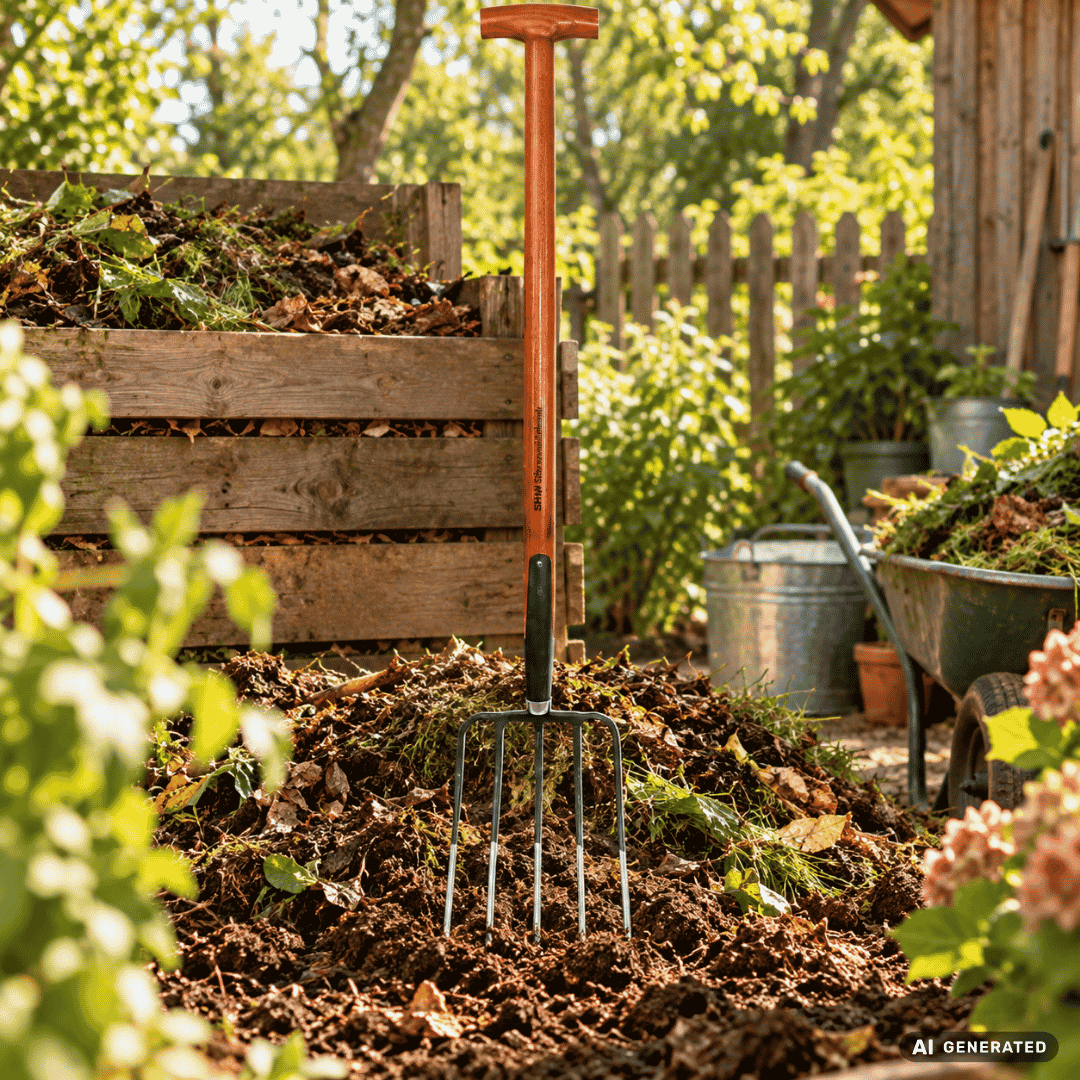 SHW Kompostgabel mit Eschen-T-Stiel im Garten am Komposthaufen – Moodbild zum Umsetzen und Durchmischen von Kompost sowie zum Aufnehmen und Verteilen von Laub, Schnittgut und organischem Material. Hero