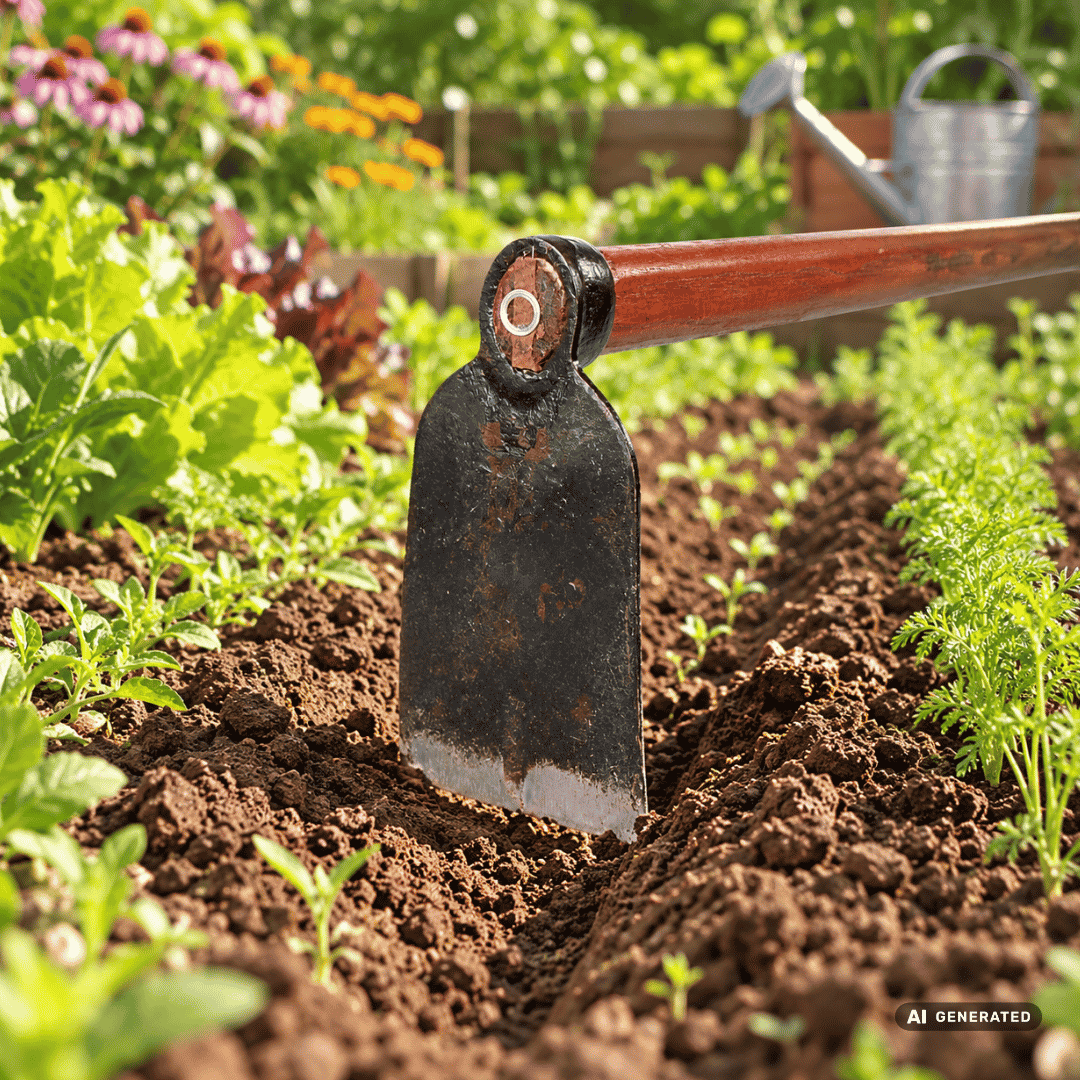 SHW Rex-Beethacke mit Eschenstiel 135 cm im Gartenbeet – Moodbild zum Jäten von Beeten und Pflanzreihen, Ziehen von Saatrillen und zur Pflege von Grabstätten. Hero