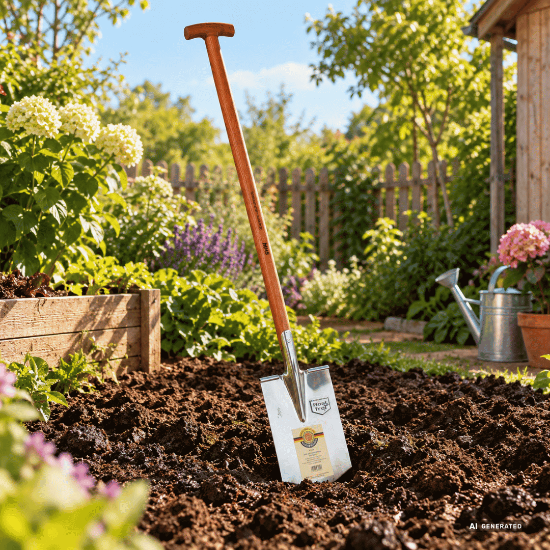 SHW Rex Edelstahlspaten mit Tritt und Eschen-T-Stiel im Gartenbeet – Moodbild zum Umgraben lehmiger und nasser Böden, Umsetzen von Erde und Vorbereiten von Pflanzbeeten. Hero