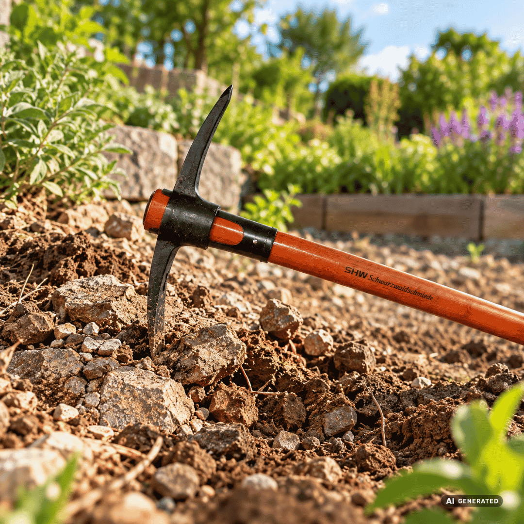 SHW Kreuzhacke mit Hülse und Eschenstiel auf steinigem Gartenboden – Moodbild zum Aufbrechen harter Böden, für Ausschachtungsarbeiten und zum Lösen verdichteter Flächen. Hero