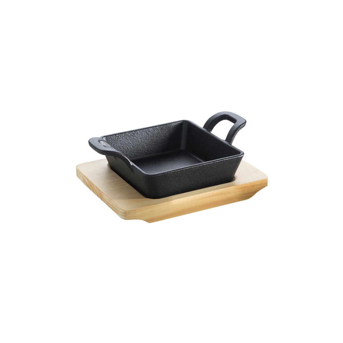 ALLGRILL Gusseisenpfännchen - quadratisch - mit 2 Griffen 14 x14 cm und Holzuntersetzer - SHW - FIRE