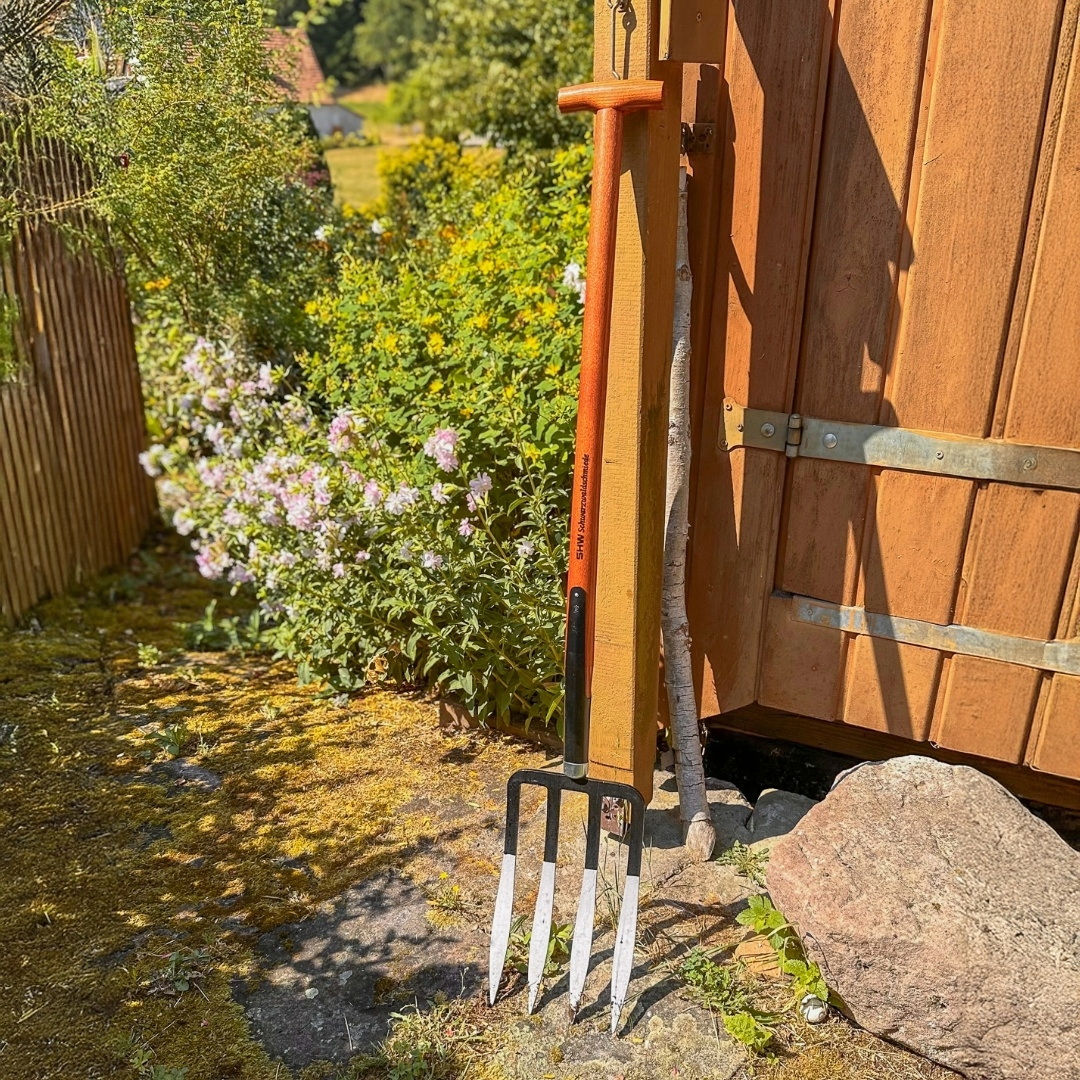 SHW Spatengabel mit vier langen Stahlzinken, braunem Holzstiel und T-Griff, aufrecht an einem Gartenhaus aus Holz. Stabile Grabegabel zum Umgraben und Lockern von Gartenboden.