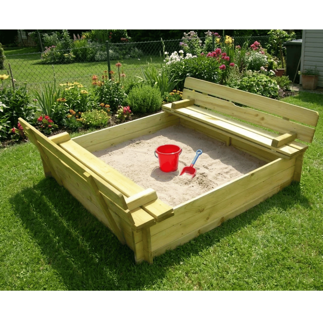 Sandkasten mit Deckel und Klappsitzen - SHW - FIRE