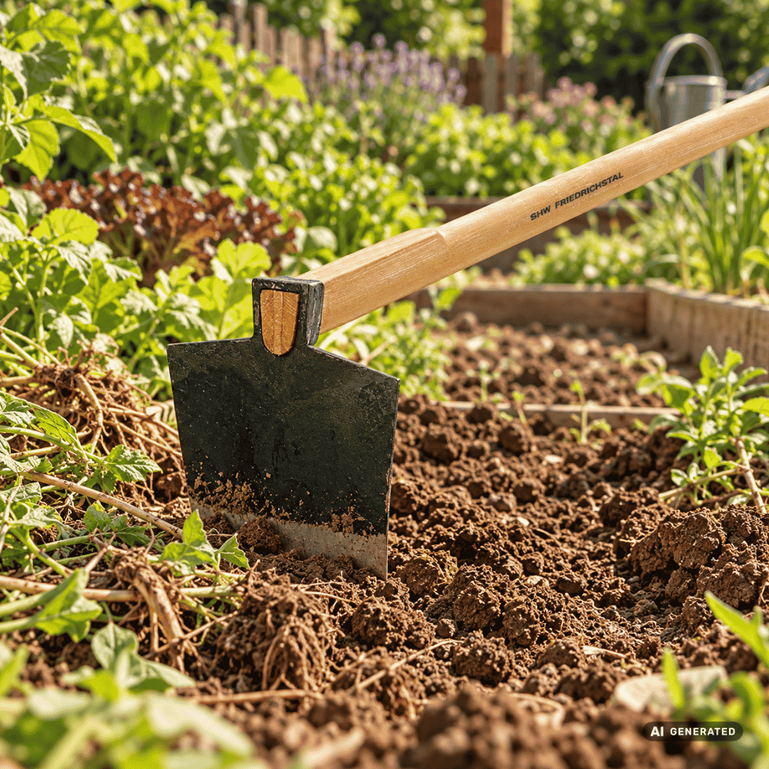 SHW Nürnberger Hacke mit Eschenstiel 135 cm im Gartenbeet – Moodbild zum Lockern des Bodens sowie zum Entfernen von Unkraut und Wurzelwerk Hero