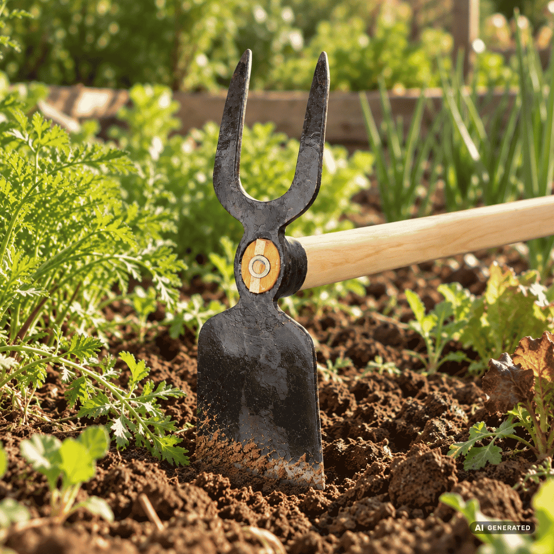 SHW Karsthacke, große Ausführung, mit 2 Zinken, schmalem Blatt und Eschenstiel 135 cm im Gartenbeet – Moodbild zum Lockern des Bodens, Jäten und Bearbeiten von Pflanzflächen. Hero