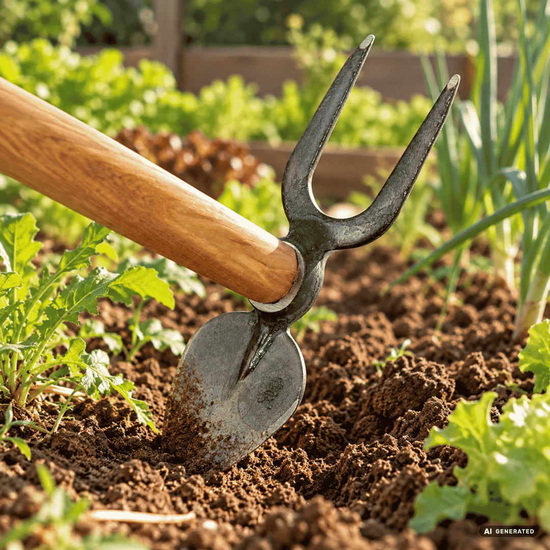 SHW Häulein Herzblatt mit 2 Zinken und Eschenstiel 135 cm im Gartenbeet – Moodbild zum Lockern des Bodens, Jäten von Unkraut und Bearbeiten von Pflanzflächen. Hero