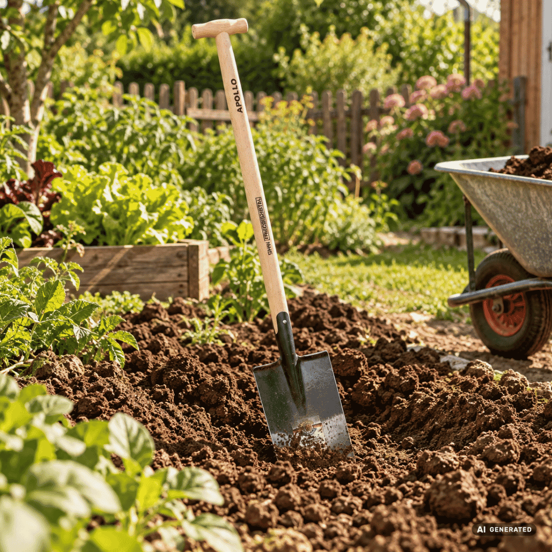 SHW Apollo-Spaten 1/2 poliert mit umgebogenem Tritt und Buchenstiel im Gartenbeet – Moodbild zum Umgraben, Auflockern und Umsetzen von Gartenerde. Hero