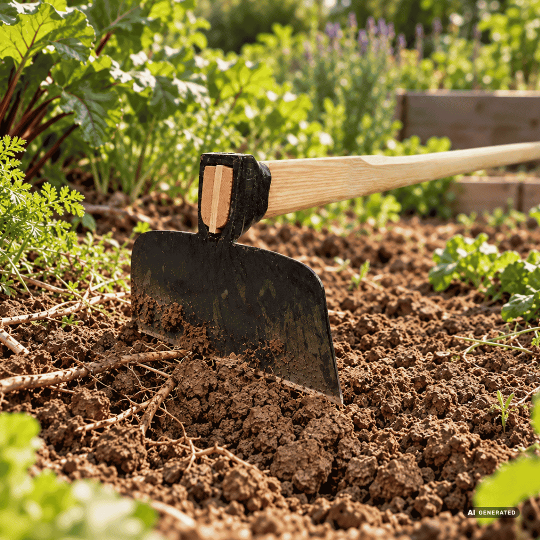 SHW Banketthacke 1.100 g mit 110 cm Eschenstiel im Gartenbeet – Moodbild beim Aufbrechen von lehmigem, verdichtetem Boden und Durchtrennen von Wurzeln. Hero