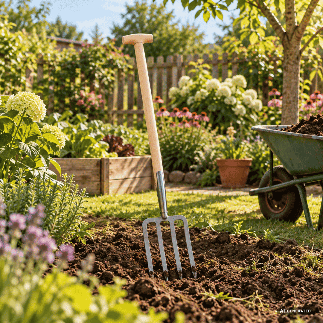 SHW Havau-Spatengabel mit Bajonettzinken und Buchen-T-Stiel im Gartenbeet – Moodbild zum Lockern verdichteter Böden, Ausgraben und Umsetzen von Pflanzen sowie Belüften des Bodens. Hero