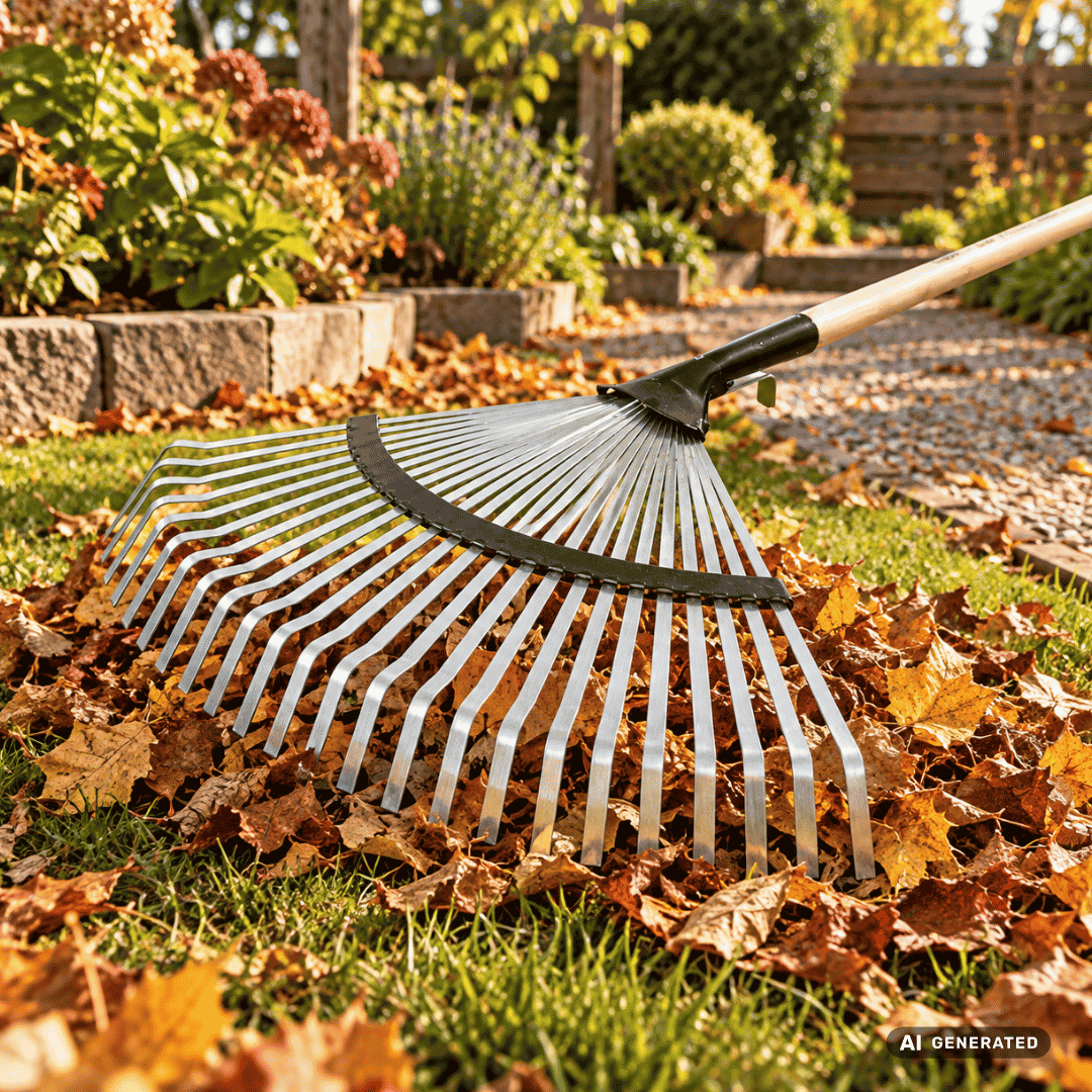 SHW Laubbesen „Profi“ verstellbar mit Dülle und Eschenstiel 135 cm im herbstlichen Garten – Moodbild zum Zusammenrechen von Laub, Rasenschnitt und Gartenabfällen auf Rasenflächen und Wegen. Hero