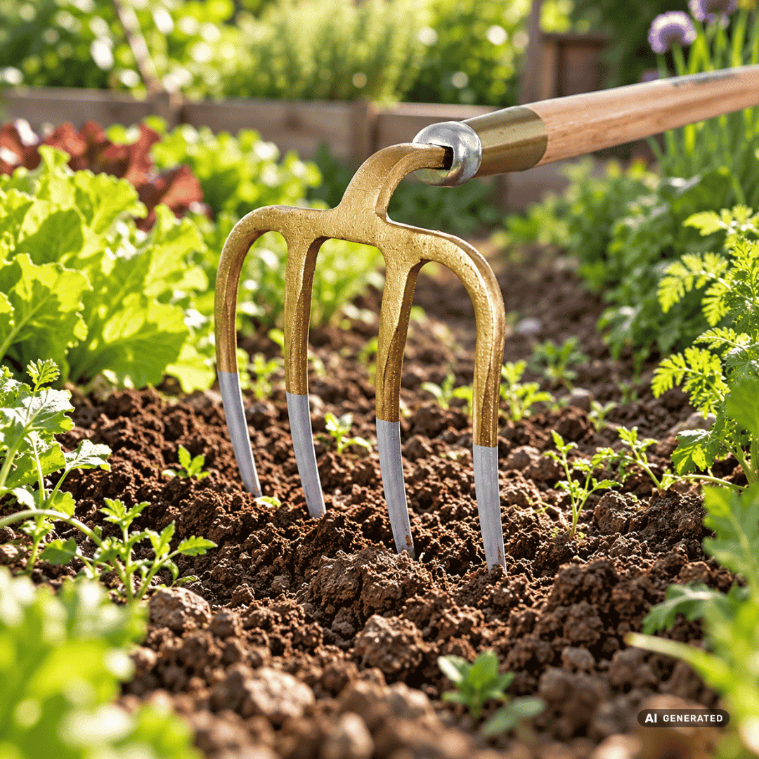 SHW Gartenkreiel, rund, mit Eschenstiel 135 cm im Gartenbeet – Moodbild zum Lockern und Belüften des Bodens, Lösen von Unkraut zwischen Pflanzenreihen und Aufbereiten der Beete. Hero
