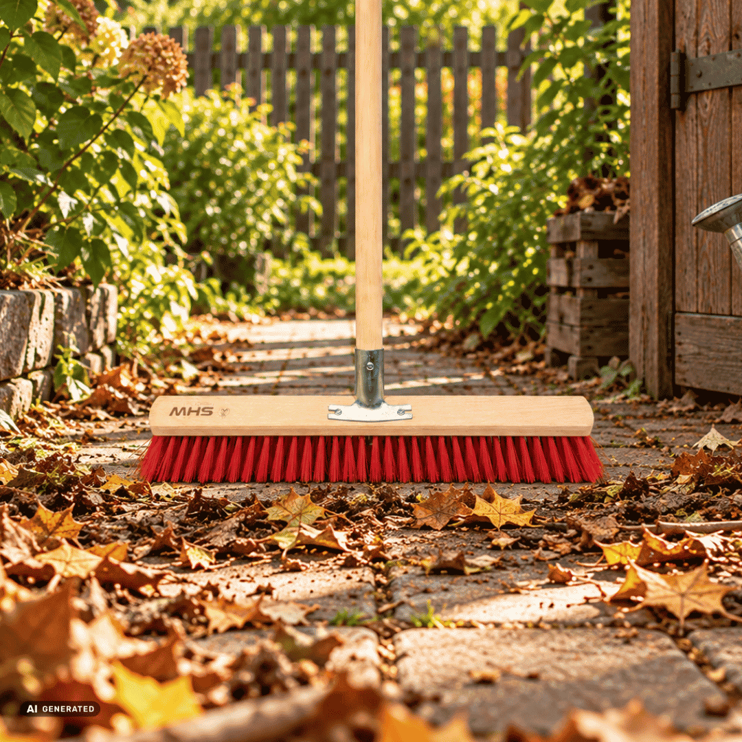 SHW Straßenbesen mit langem Holzstiel und roten Borsten, angelehnt an einen Gartenschuppen – Moodbild für die Reinigung von Gartenwegen und Außenflächen. Hero
