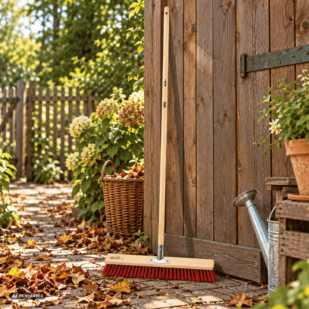 SHW Straßenbesen mit Eschenstiel und roten Borsten – Moodbild für gründliche Reinigungsarbeiten auf Wegen, Hof- und Gartenflächen.