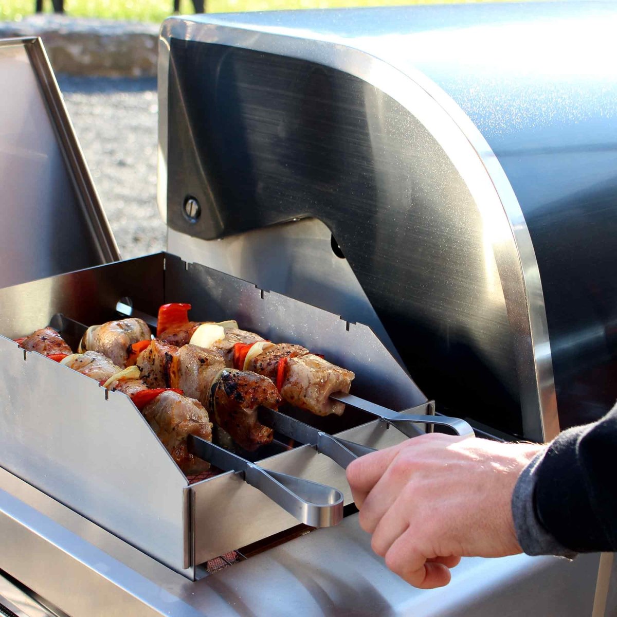ALLGRILL Edelstahl Schaschlik - Set mit Spritzschutz für CHEF S/M/L/XL u. Allrounder M/L - SHW - FIRE