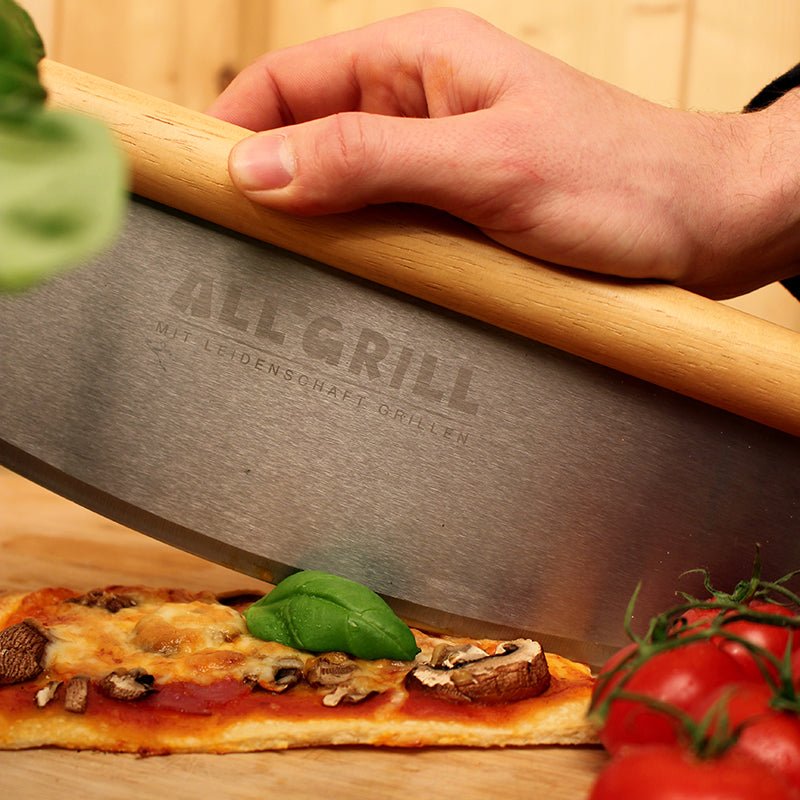 ALLGRILL Pizzaschneider - Wiegemesser Edelstahl mit Holzgriff - SHW - FIRE