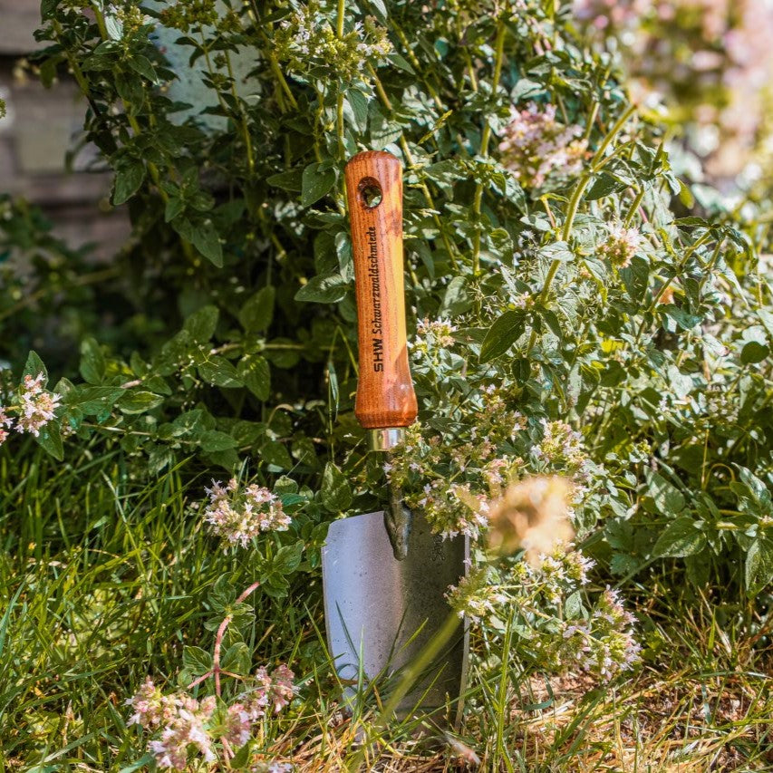 SHW breite Handschaufel mit stabilem Stahlblatt und Holzgriff zwischen blühenden Kräutern und Gartenpflanzen. Handliche Gartenschaufel zum Pflanzen und Bearbeiten kleiner Beete.