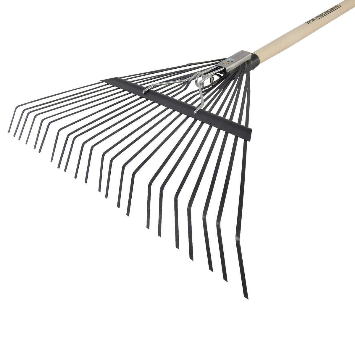 Nahaufnahme des SHW Laubbesens Profi mit flexiblen Metallzinken und verstellbarem Fächer zum Zusammenrechen von Laub und Gartenabfällen.