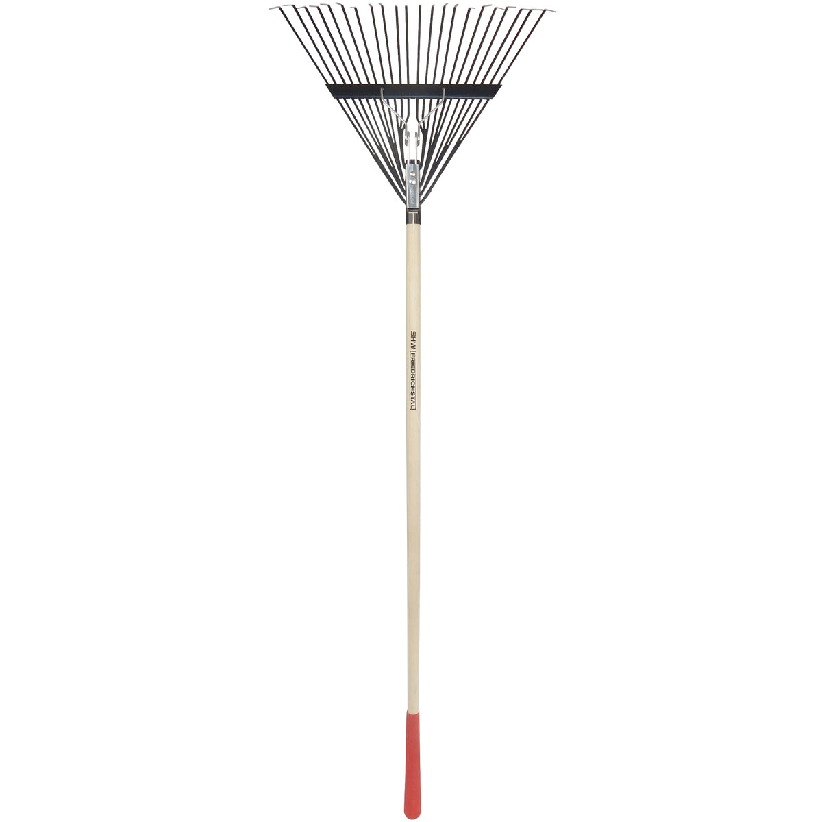 SHW Laubbesen Profi mit verstellbarem Fächer aus Metallzinken, Eschenholzstiel und rotem Griff zur gründlichen Laubentfernung im Garten.