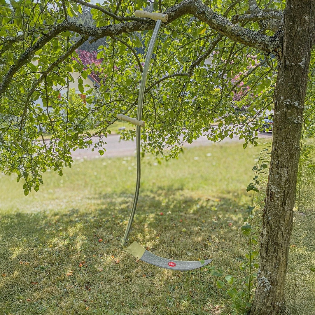 SHW Sense Friedrichstal mit gebogenem Stahlrohrworb, zwei Holzgriffen und langem Sensenblatt, angelehnt an einen Obstbaum auf einer Wiese. Handsense zum Mähen von Gras und Blumenwiesen.